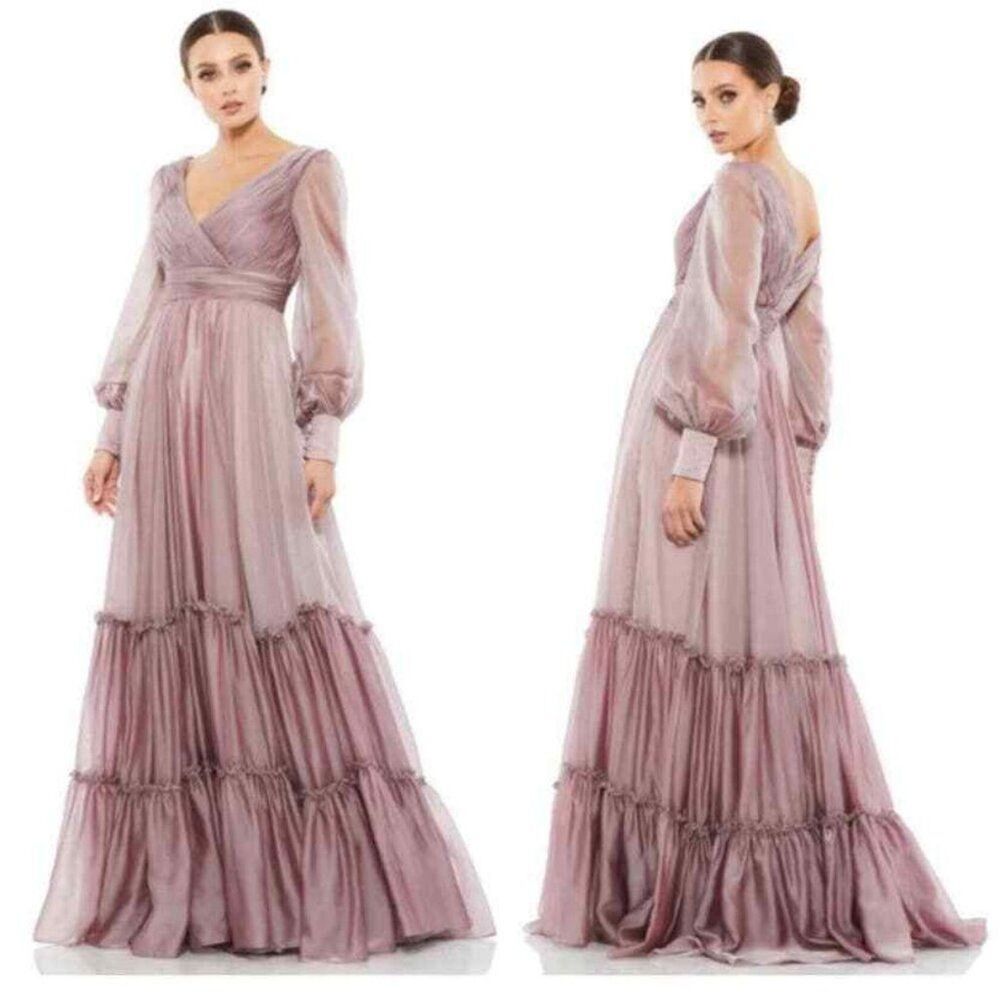 NWT MAC DUGGAL FAUX WRAP TIER GOWN SHEER LONG SLEEVES‎ MOCHA PINK 67864 SZ 12